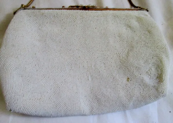 Vintage 40's French DORMAR FRANCE Bead Evening Bag Purse WHITE Pearl Clutch Vegan