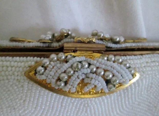 Vintage 40's French DORMAR FRANCE Bead Evening Bag Purse WHITE Pearl Clutch Vegan