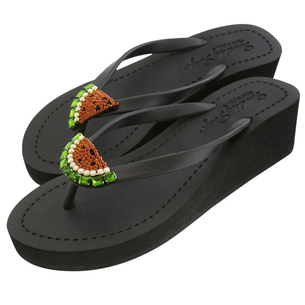 Watermelon - Rhinestone Mid Wedge Flip Flops