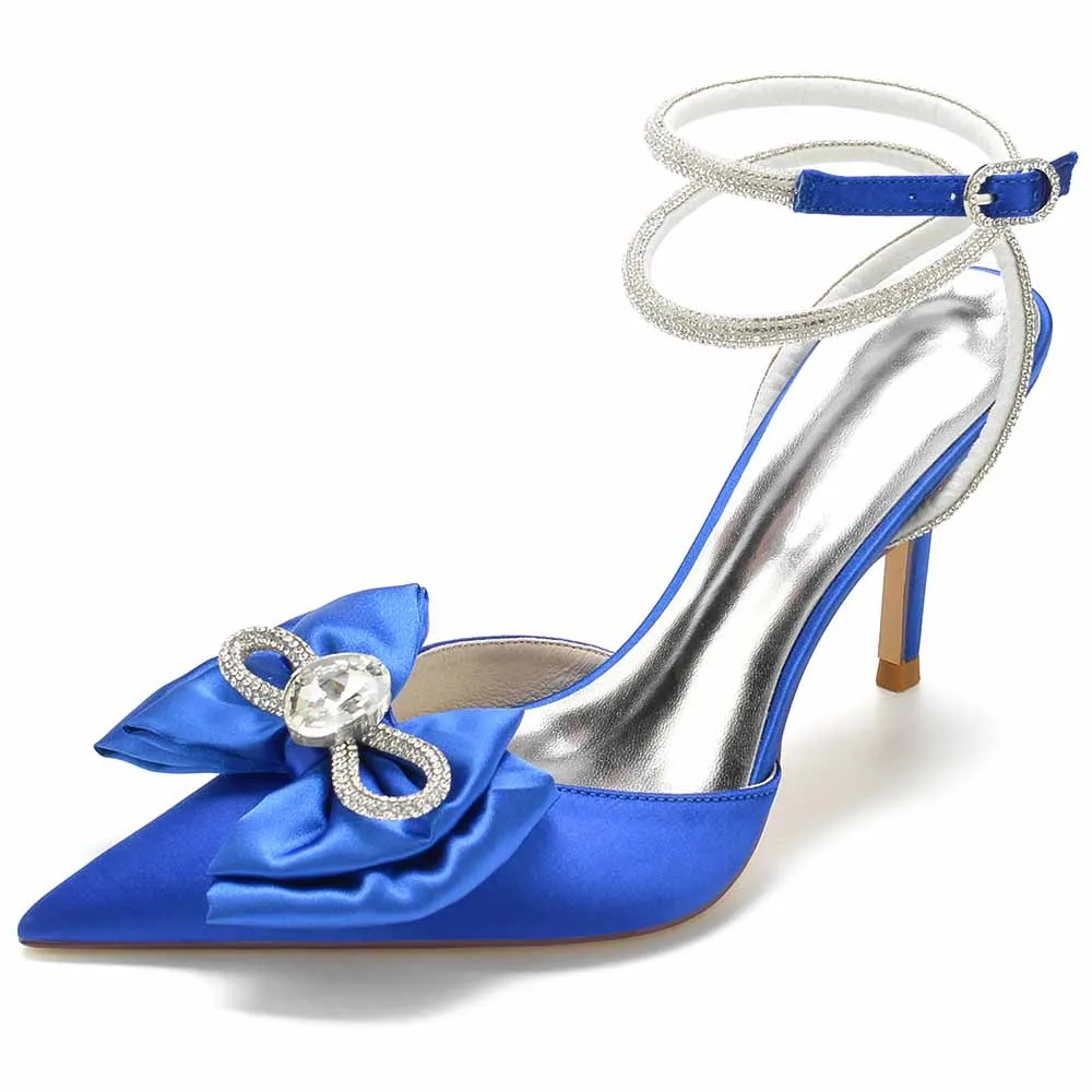 Wedding Satin Heels Ankle Strap Pumps With Beaded Party Heels