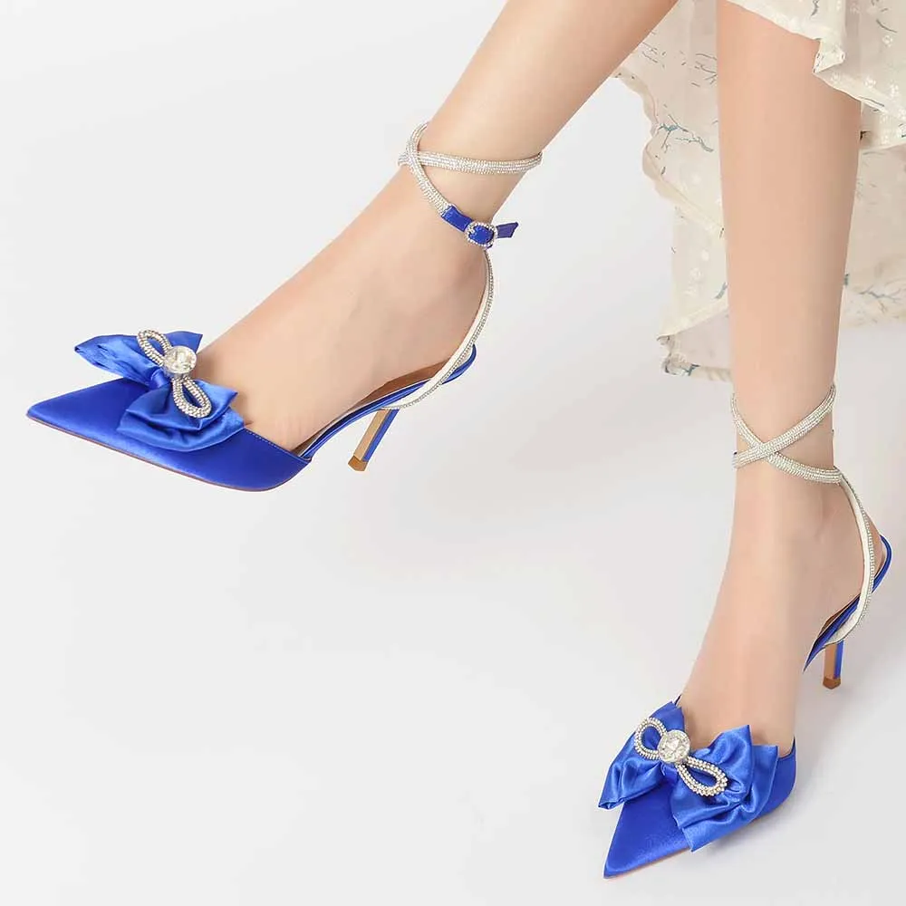 Wedding Satin Heels Ankle Strap Pumps With Beaded Party Heels