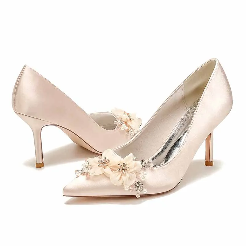 Wedding Shoes Satin High Heel Point Toe Wedding Heels Bridal Shoes Rhinestone Wedding Party Evening Shoes