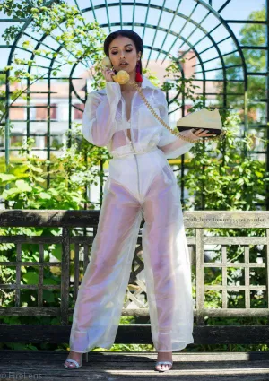 White Iridescent Long Sleeve Festival Jumpsuit