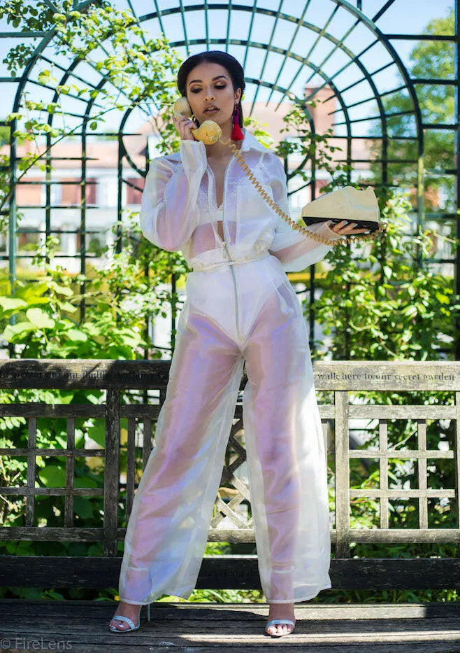 White Iridescent Long Sleeve Festival Jumpsuit