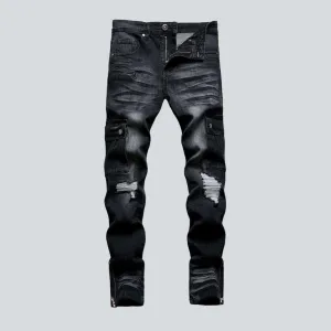 White patch men's biker jeans