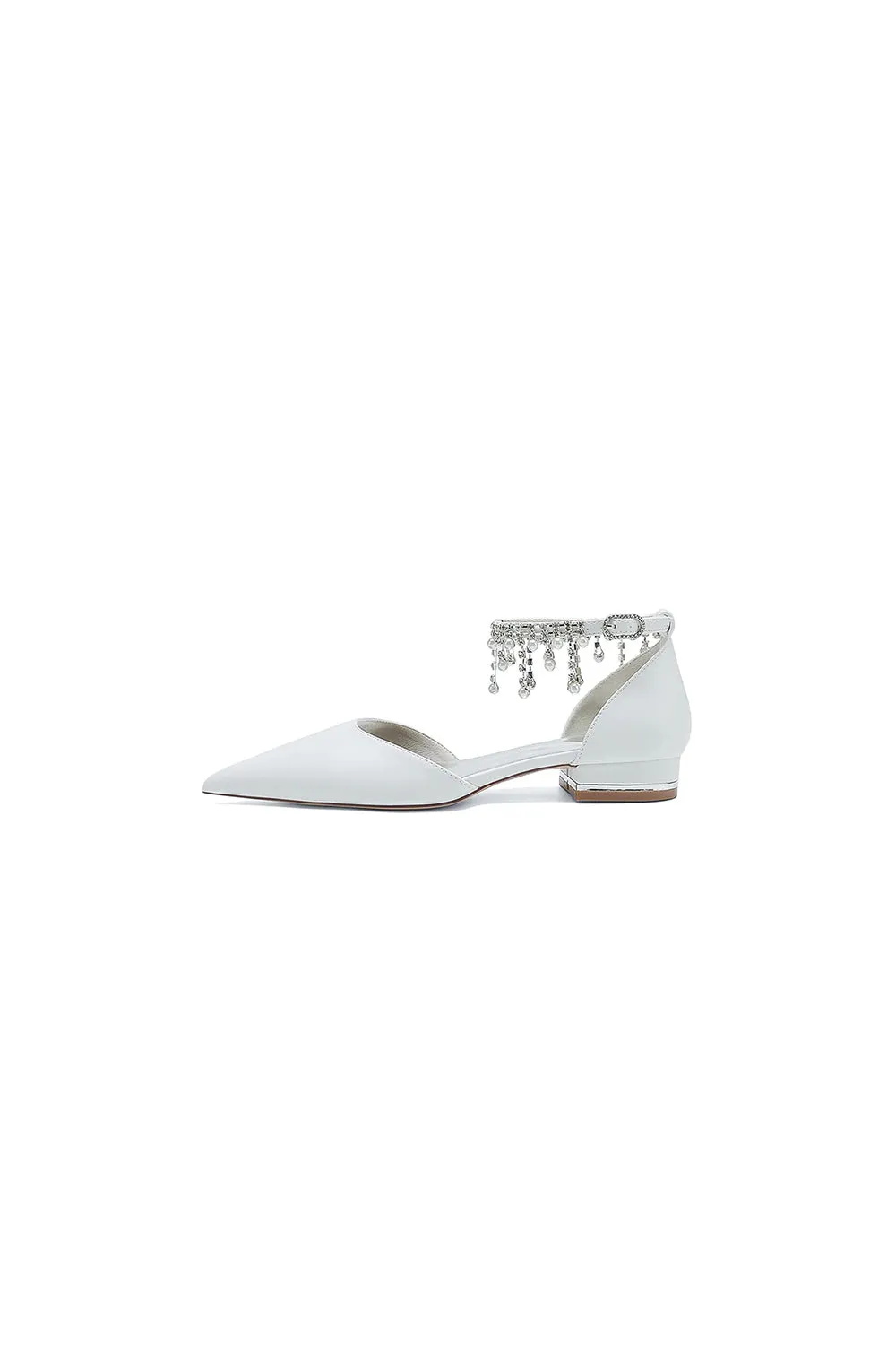 White Pearl Beaded Ankle Strap Pointed Toe Low Heels