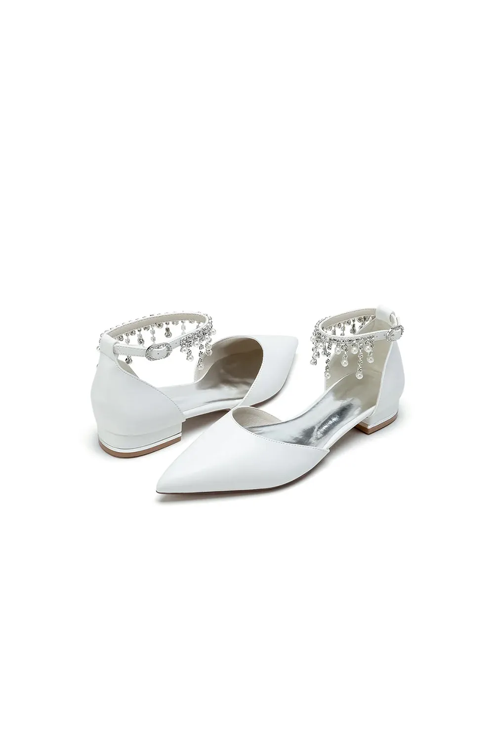 White Pearl Beaded Ankle Strap Pointed Toe Low Heels