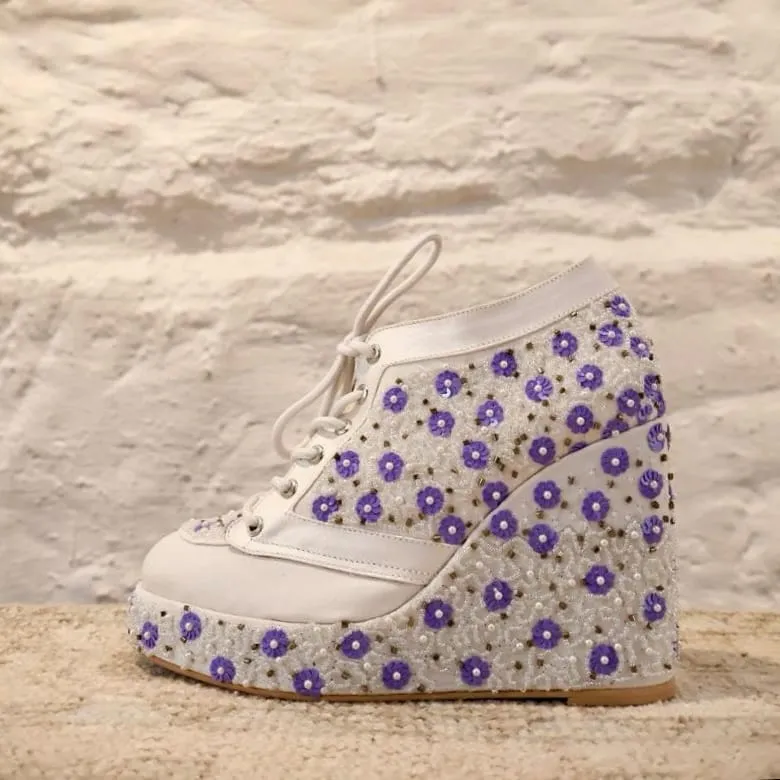 White with Lavender flowers embroidered Sneaker Wedges | Tiesta