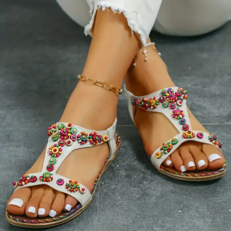 Wjczt Beaded Flowers Flat Heeled Sandals Women Summer 2023 Plus Size Open Toe Bohemian Sandals Woman Elastic Strap Rome Shoes