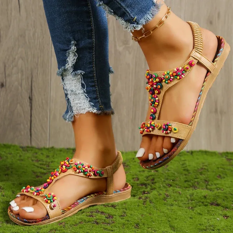 Wjczt Beaded Flowers Flat Heeled Sandals Women Summer 2023 Plus Size Open Toe Bohemian Sandals Woman Elastic Strap Rome Shoes