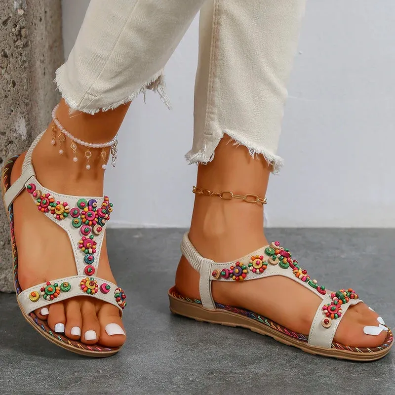 Wjczt Beaded Flowers Flat Heeled Sandals Women Summer 2023 Plus Size Open Toe Bohemian Sandals Woman Elastic Strap Rome Shoes