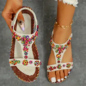 Wjczt Beaded Flowers Flat Heeled Sandals Women Summer 2023 Plus Size Open Toe Bohemian Sandals Woman Elastic Strap Rome Shoes