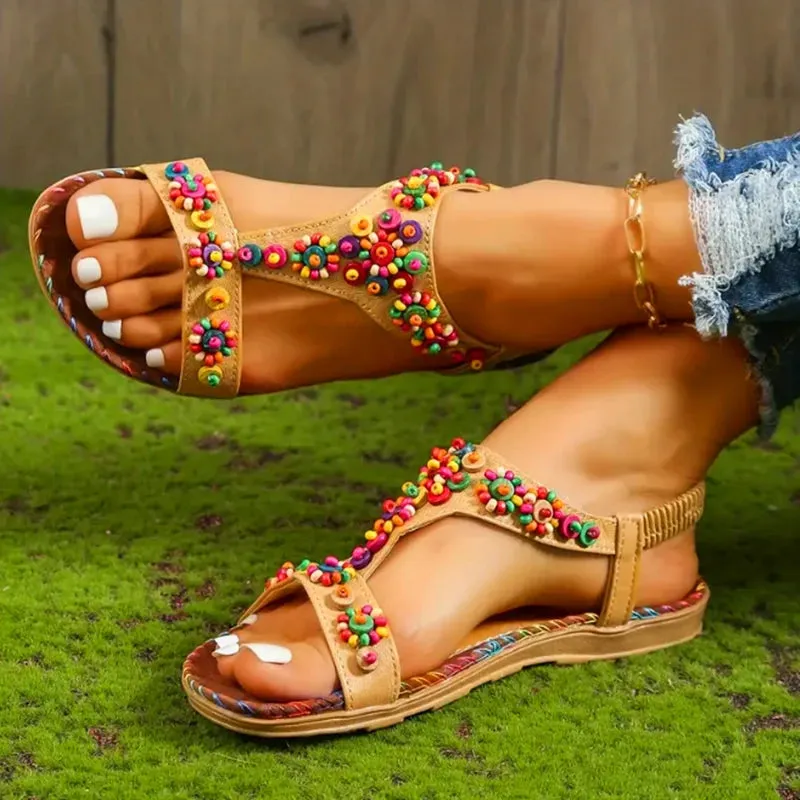 Wjczt Beaded Flowers Flat Heeled Sandals Women Summer 2023 Plus Size Open Toe Bohemian Sandals Woman Elastic Strap Rome Shoes