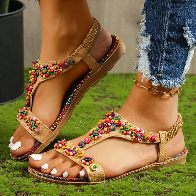 Wjczt Beaded Flowers Flat Heeled Sandals Women Summer 2023 Plus Size Open Toe Bohemian Sandals Woman Elastic Strap Rome Shoes