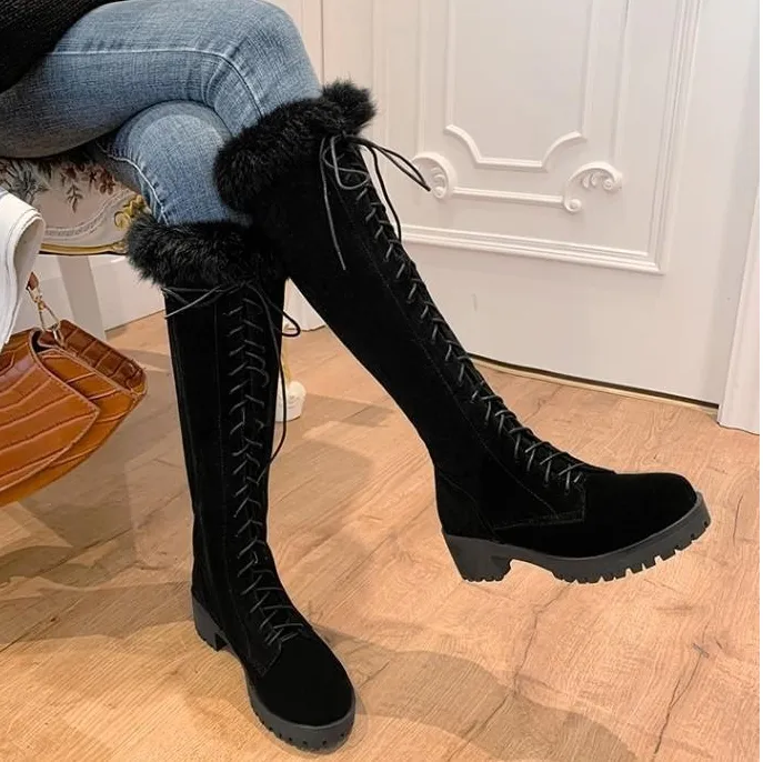 Women chunky heel knee high faux fur winter lace up boots