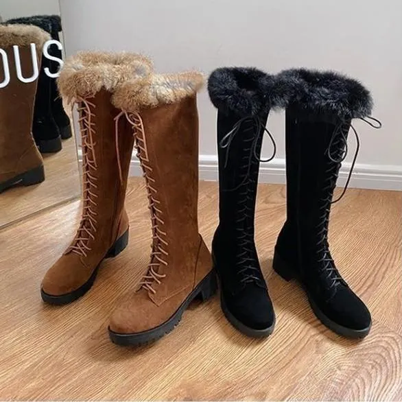 Women chunky heel knee high faux fur winter lace up boots