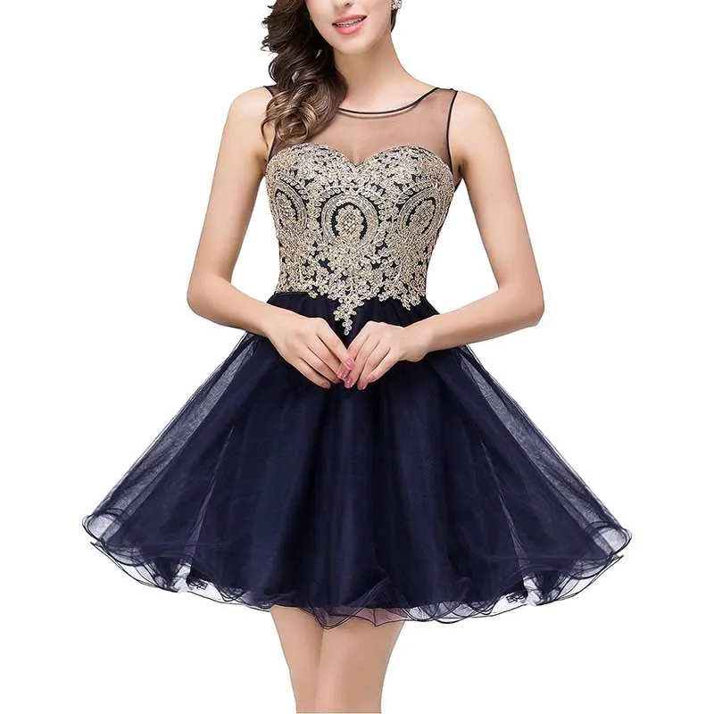 Women Gold Applique Homecoming Wedding Party Guest Dresses Gala Party Short Dress