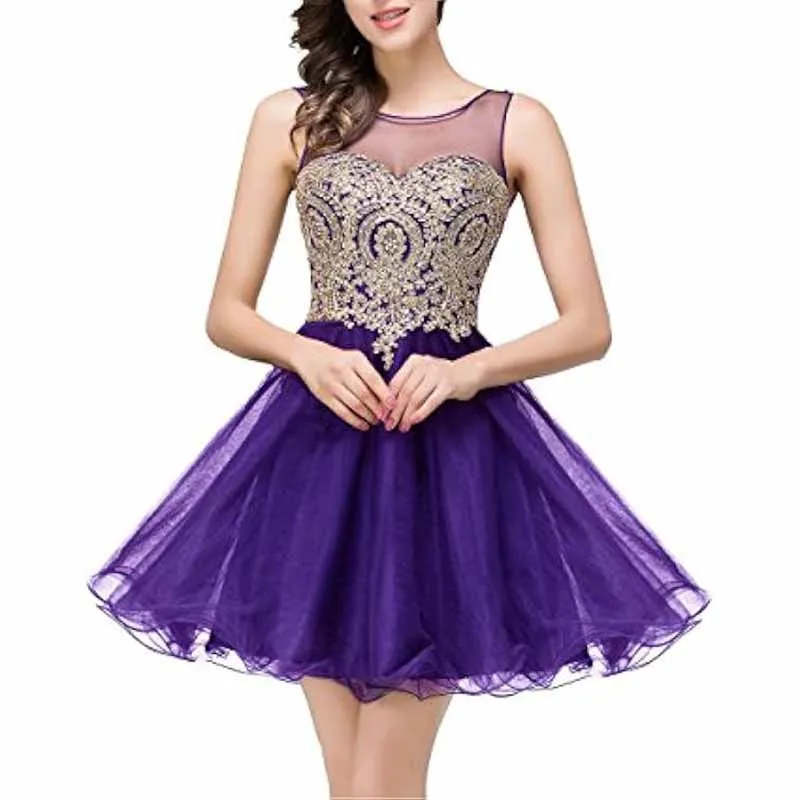 Women Gold Applique Homecoming Wedding Party Guest Dresses Gala Party Short Dress