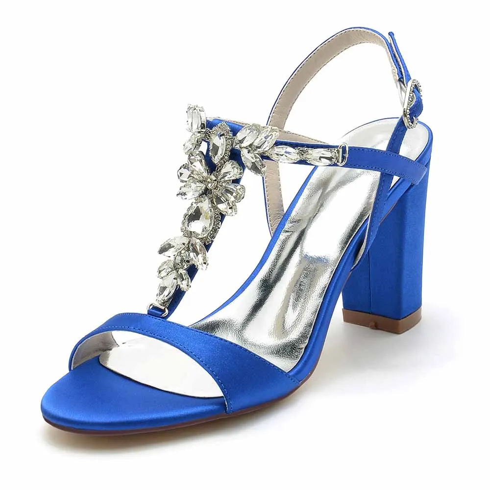 Women T-Strap Pump Beaded Chunky Wedding Prom Sandals