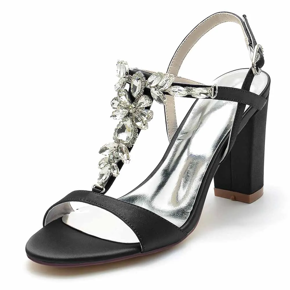 Women T-Strap Pump Beaded Chunky Wedding Prom Sandals