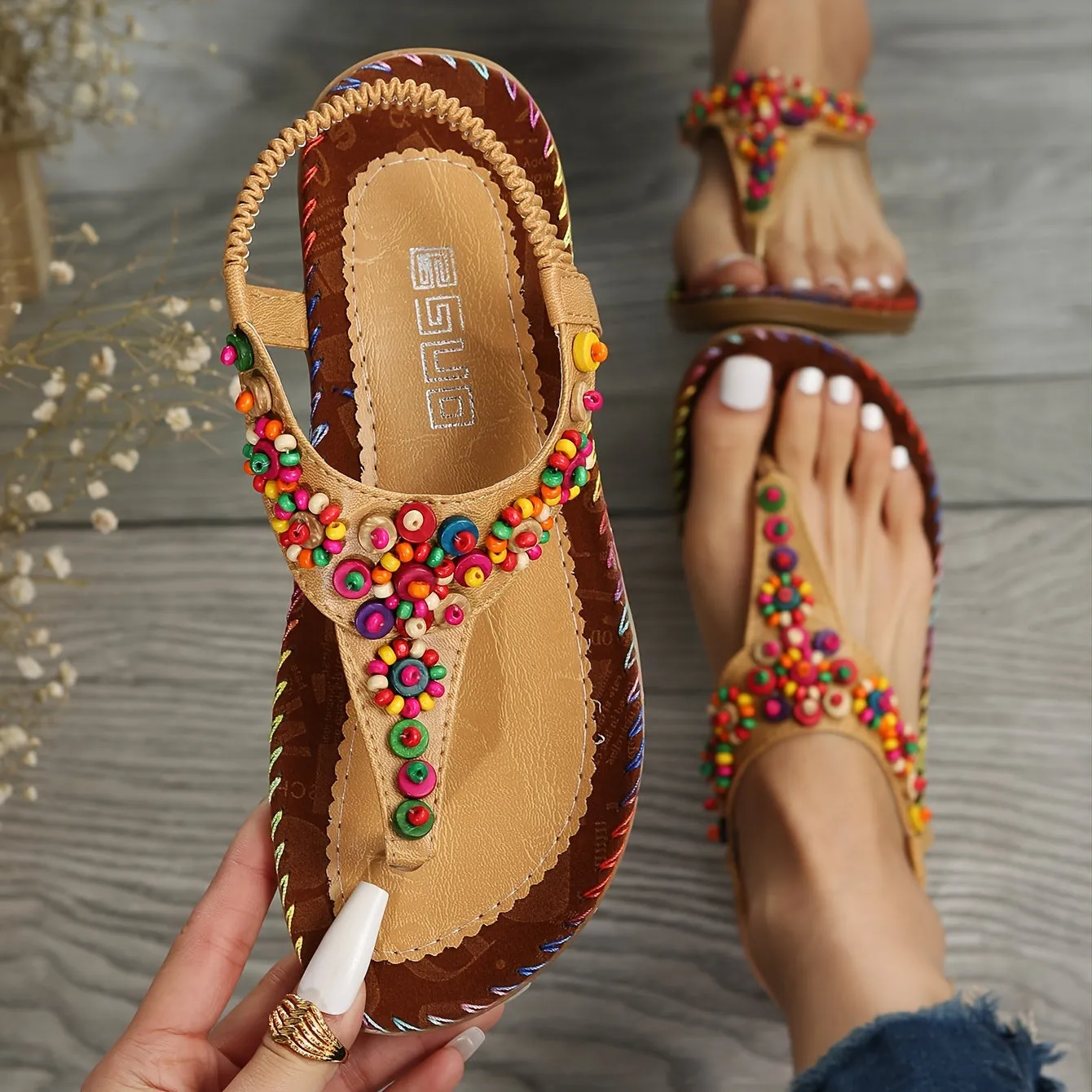 Women's Beaded Decor Flip Flops Open Round Toe Elastic Ankle Strap Sandals