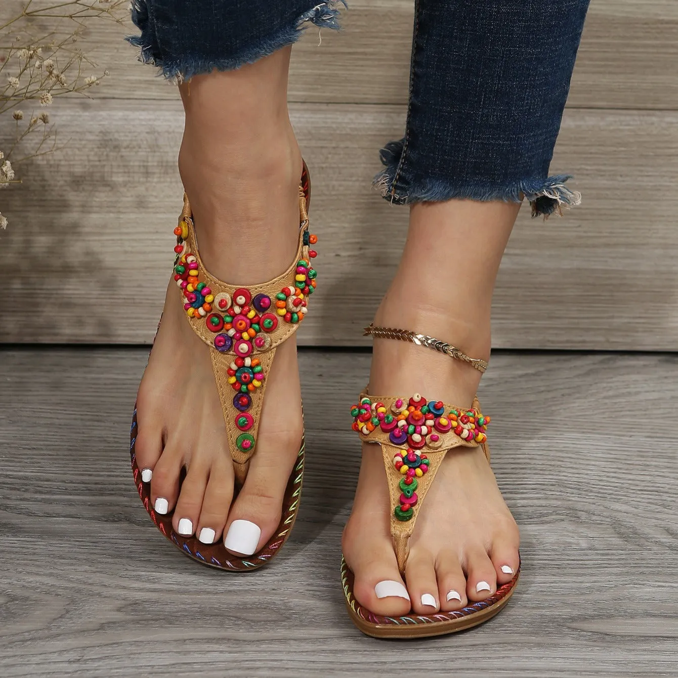 Women's Beaded Decor Flip Flops Open Round Toe Elastic Ankle Strap Sandals