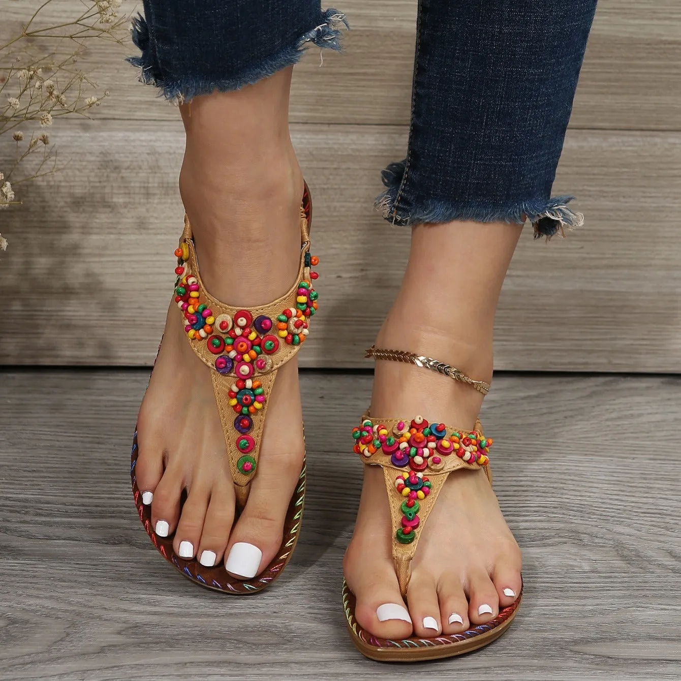 Women's Beaded Decor Flip Flops Open Round Toe Elastic Ankle Strap Sandals