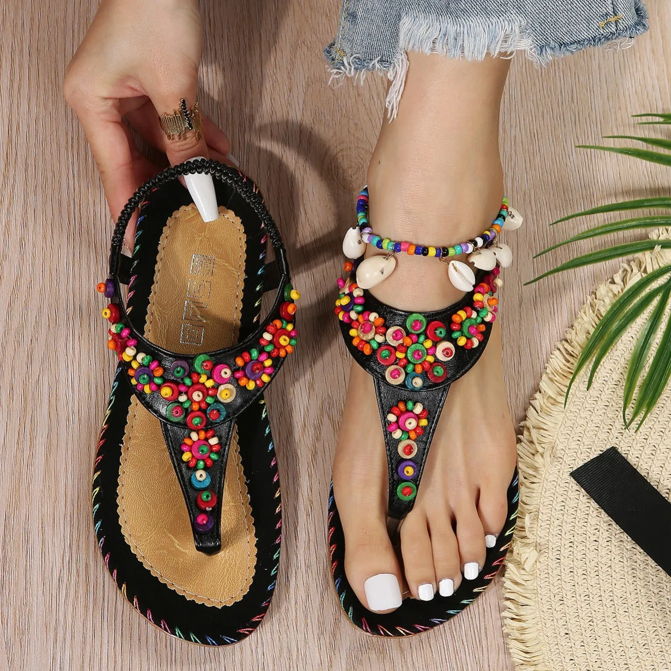 Women's Beaded Decor Flip Flops Open Round Toe Elastic Ankle Strap Sandals