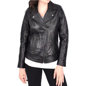 Womens Genuine Soft Black Leather Biker Style Jackets Fitted Zip Fasten Wendy