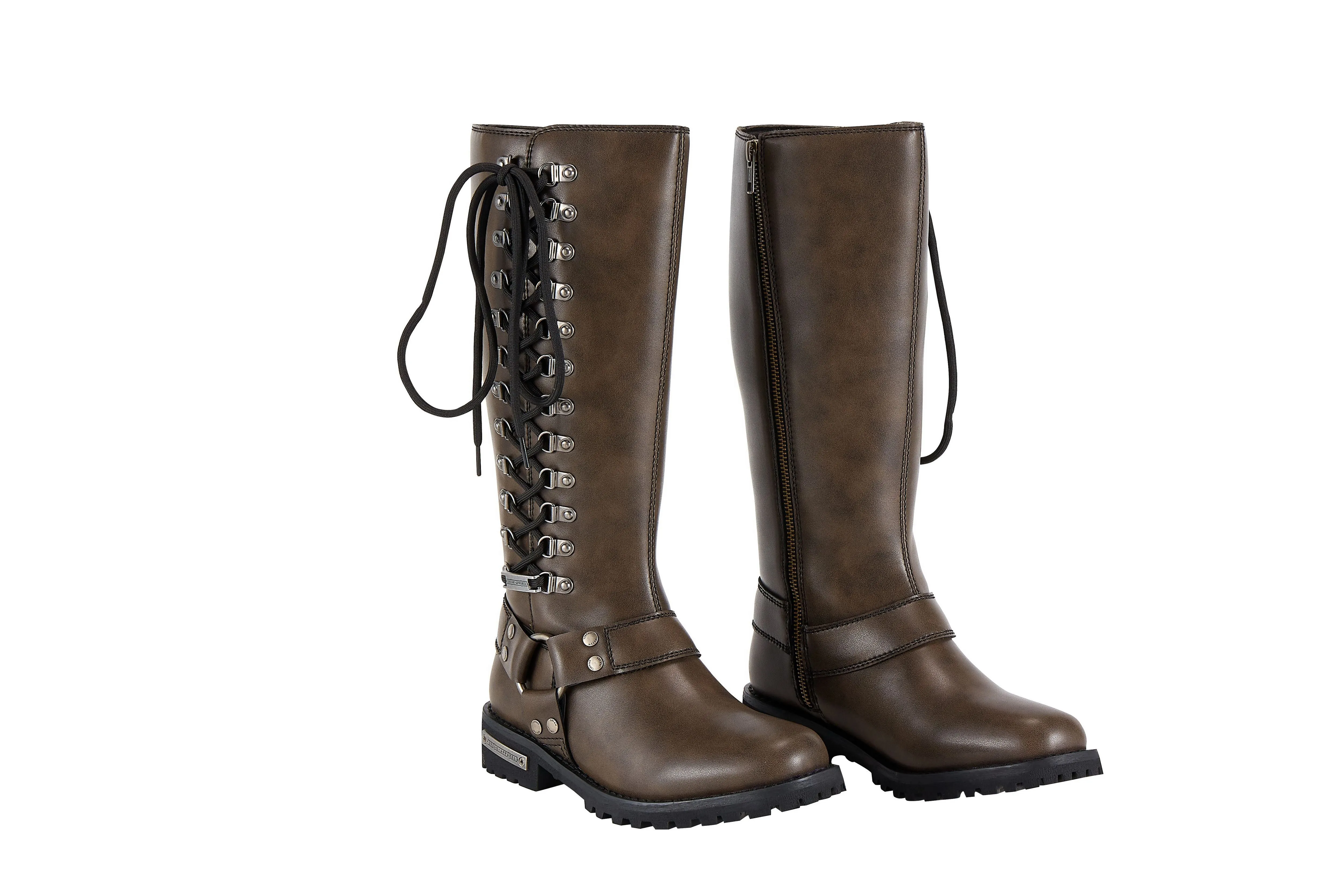 Women's Long Laced and Zipper Side Biker Boots Brown