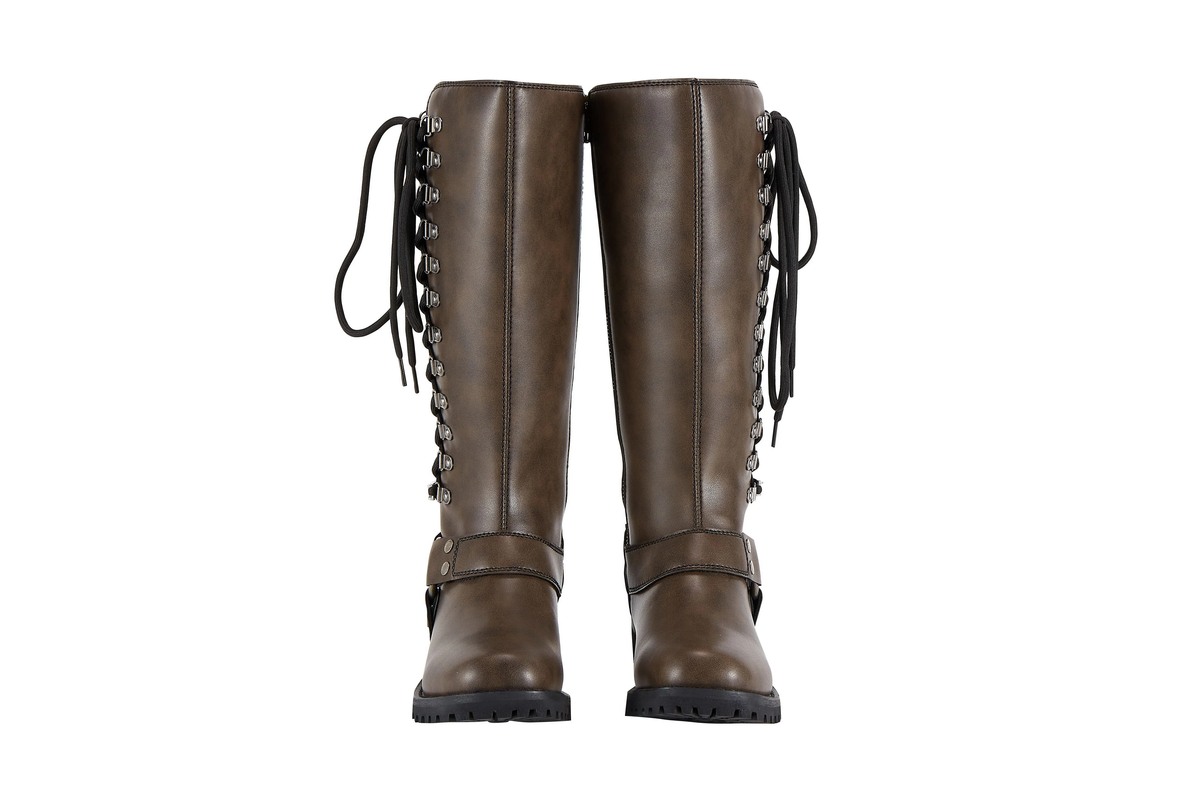 Women's Long Laced and Zipper Side Biker Boots Brown