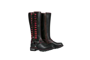 Women's Long Laced and Zipper Side Biker Boots Red Trim