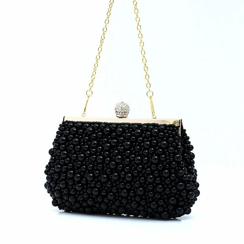 Womens Pearl Clutch Bag Pearls Wedding Gold Bridal Hand Bag Black