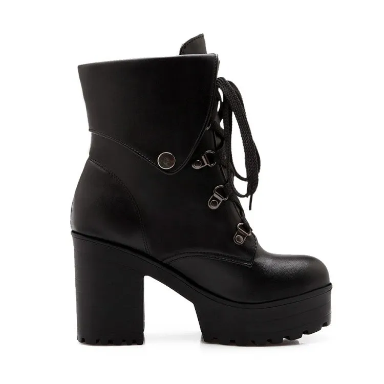 Women's Round Toe Rivets Lace-Up Block Chunky Heel Platform Short Boots