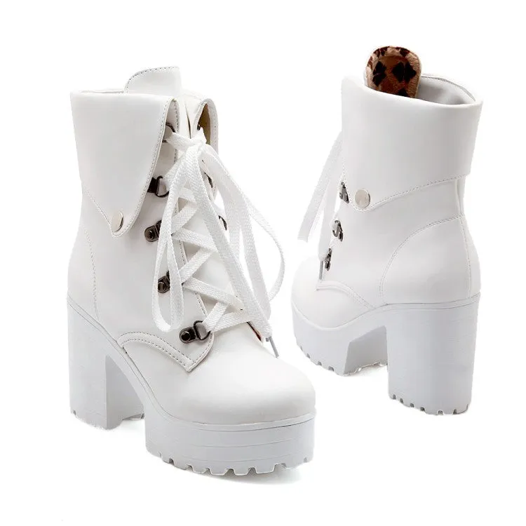 Women's Round Toe Rivets Lace-Up Block Chunky Heel Platform Short Boots