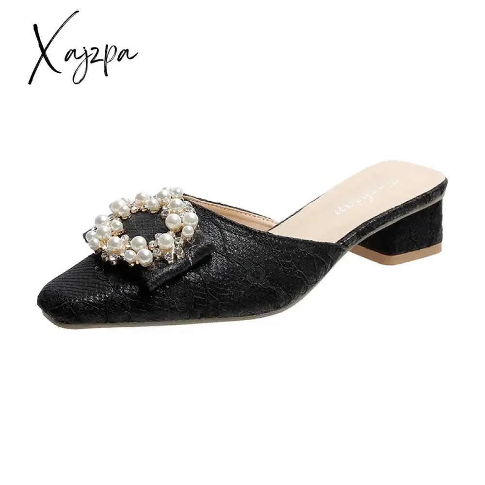 Xajzpa - Summer Slippers Women's Fashion Beaded Mules Shoes New Comfortable Medium Heel Thick Heel Pointed Sandals Zapatos De Mujer