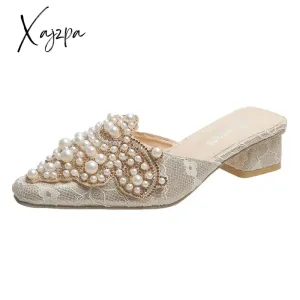 Xajzpa - Summer Slippers Women's Fashion Beaded Mules Shoes New Comfortable Medium Heel Thick Heel Pointed Sandals Zapatos De Mujer