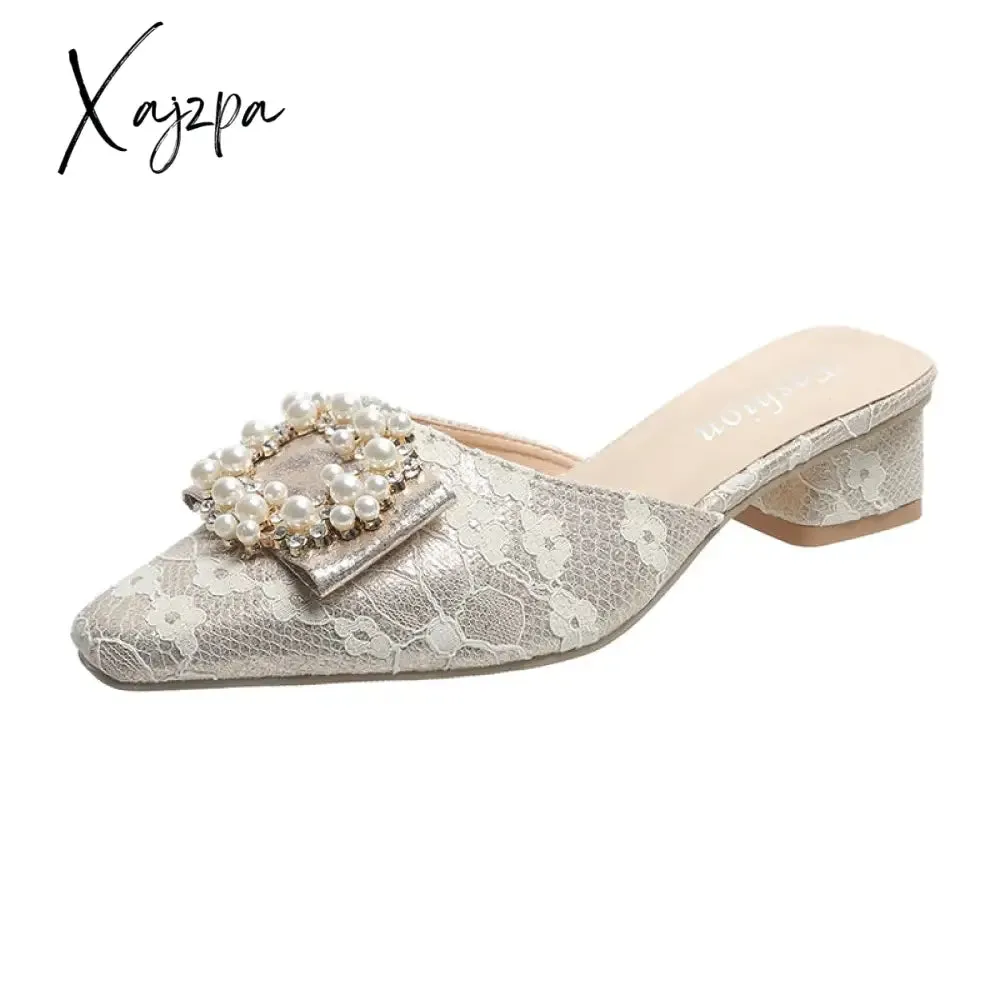 Xajzpa - Summer Slippers Women's Fashion Beaded Mules Shoes New Comfortable Medium Heel Thick Heel Pointed Sandals Zapatos De Mujer