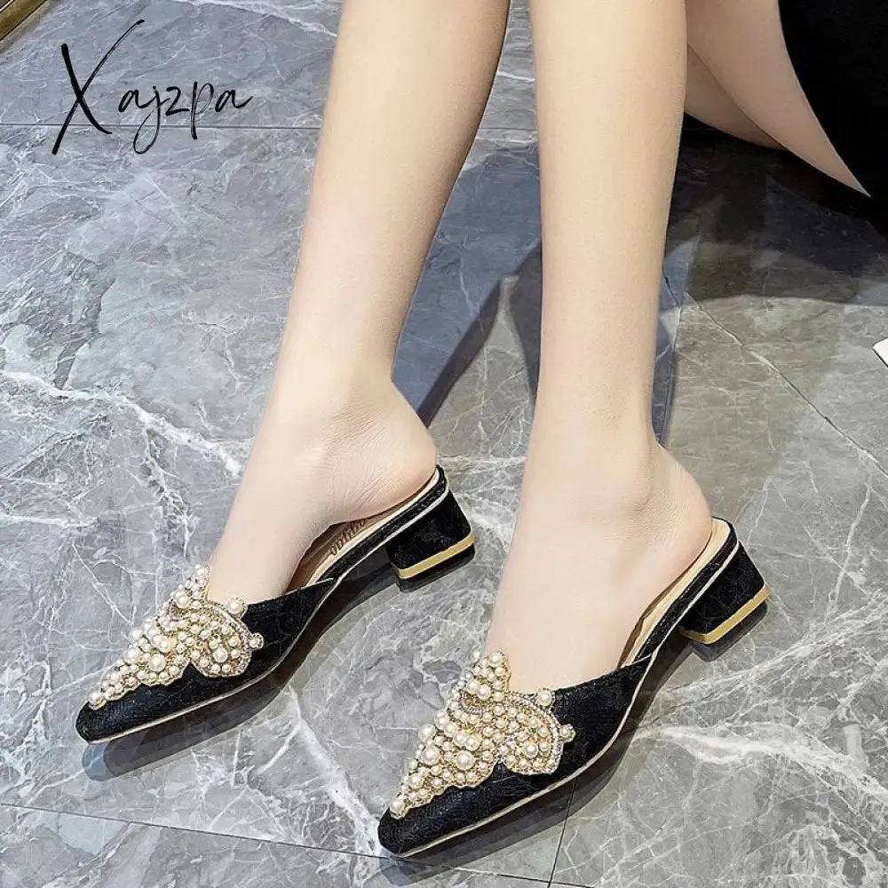 Xajzpa - Summer Slippers Women's Fashion Beaded Mules Shoes New Comfortable Medium Heel Thick Heel Pointed Sandals Zapatos De Mujer