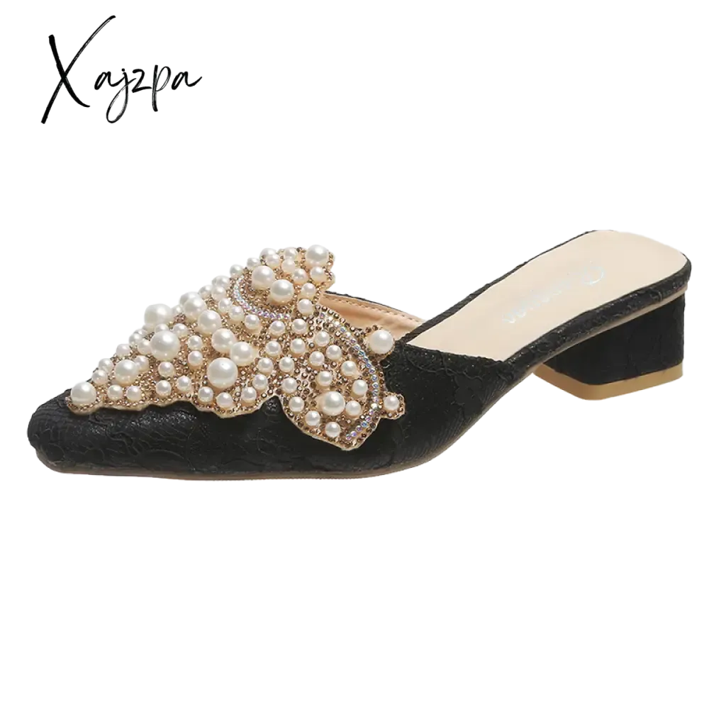 Xajzpa - Summer Slippers Women's Fashion Beaded Mules Shoes New Comfortable Medium Heel Thick Heel Pointed Sandals Zapatos De Mujer