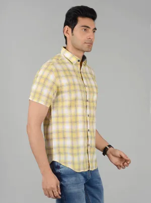 Yellow & Grey Checked Slim Fit Casual Shirt | Greenfibre